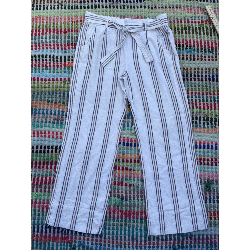 Jolt Womens Size L Linen Blue Striped Rayon/ Linen Blend Paperbag Wide Leg Pants